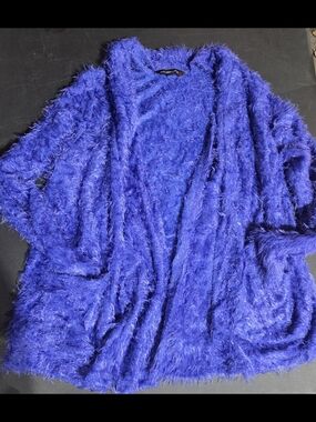 Colleen Lopez Plush Open-Front Fuzzy Cardigan - Blue